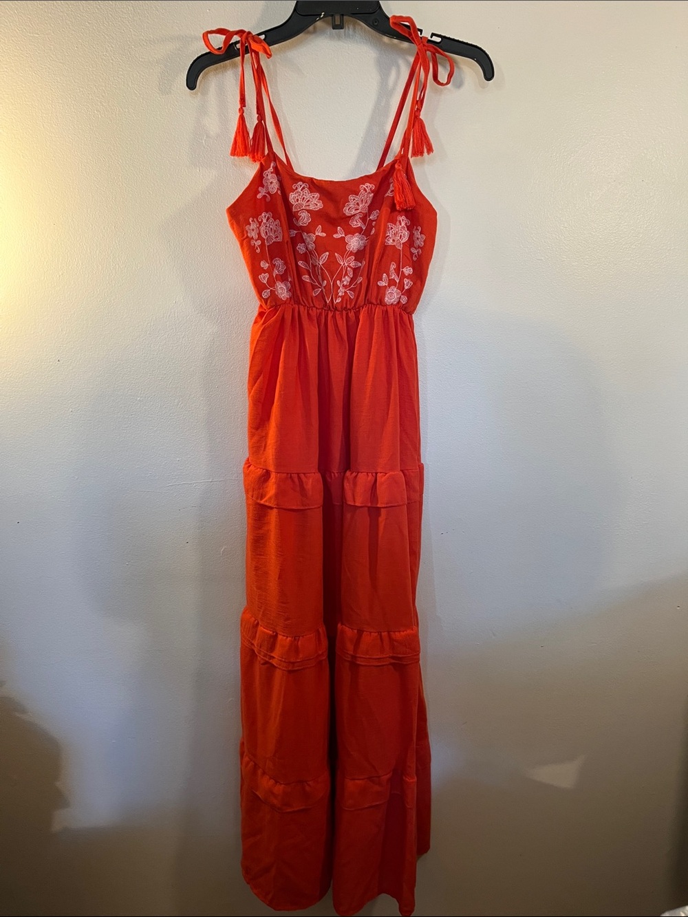 Red Embroidered Tie-Shoulder Maxi Dress